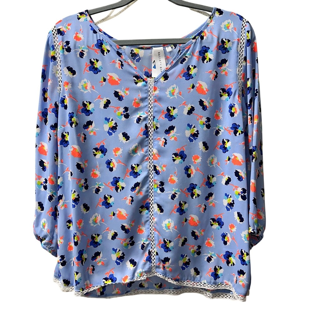 Society Girl Blue Floral Blouse Size XL